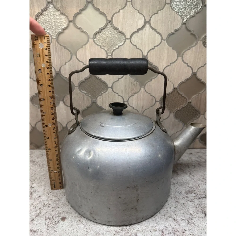 Vintage Comet Aluminum Tea Kettle Wood Handle Farmhouse Stovetop Pot Made in USA
